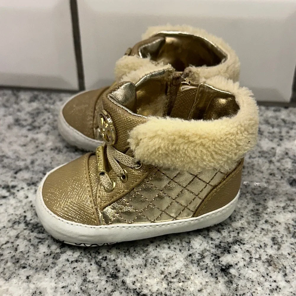 Michael Kors Infant 1 Baby Lee Sneakers Gold Faux Fur Quilted Metallic Glam